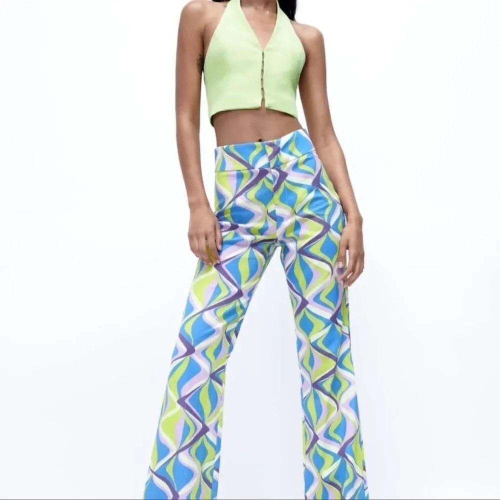Zara linen blend printed flared pants NWT
